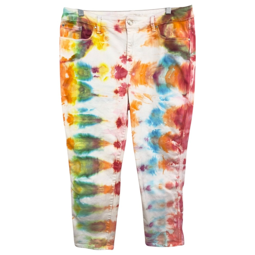 Chicos Size 12 Cropped Jeans Handmade Tie Dye‎ Denim Rainbow White High Rise 813